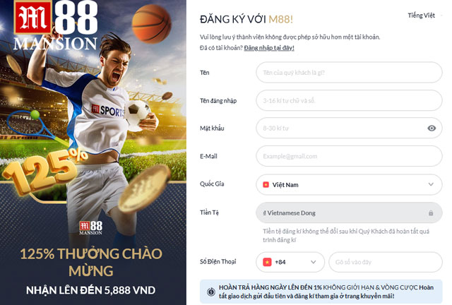 Giao diện form đăng ký M88