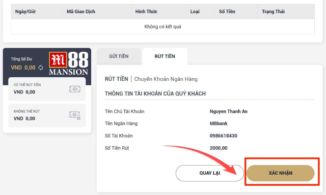 Giao diện khi bạn rút tiền M88 đơn giản
