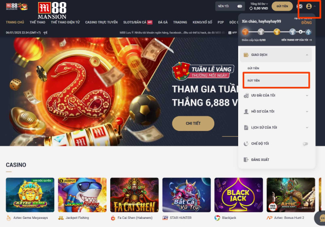 Nhấp vào mục rút tiền để tiến hành rút tiền M88 ngay